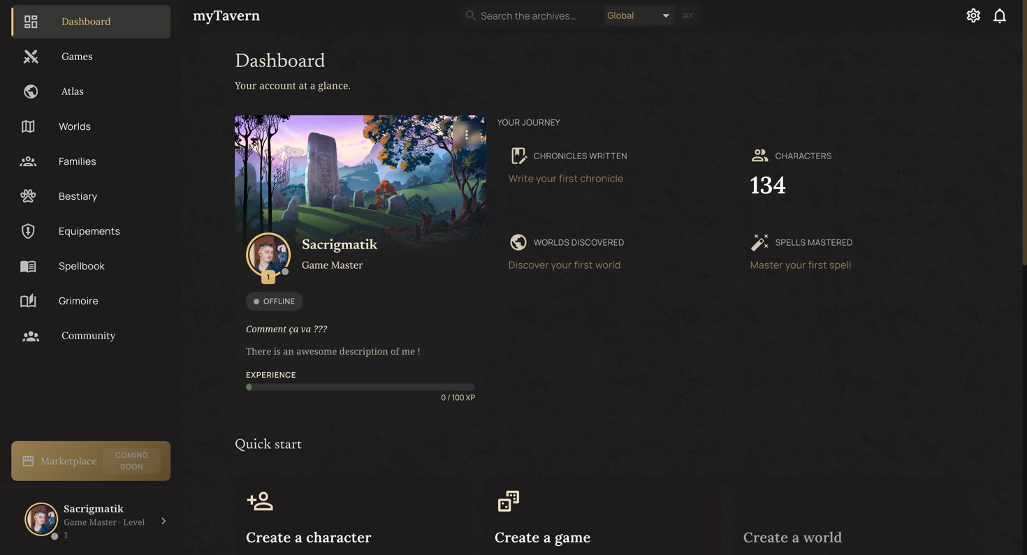 Preview of the myTavern dashboard with character sheets, worlds and party overview