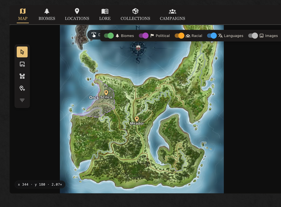 Animated map of a fantasy continent with lockable zones and biomes