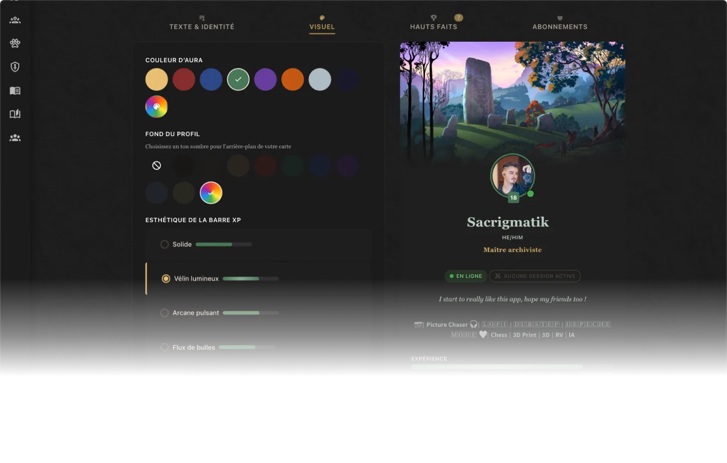 Profile customization — inside the myTavern interface
